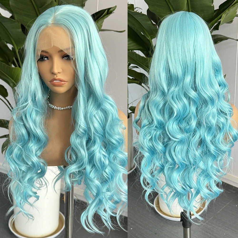 Blue Lace Wig Synthetic Long Deep Wave Wigs for Women Front Lace Wig Colored Synthetic Hair Lace Wigs Daily Wear Cosplay Wig