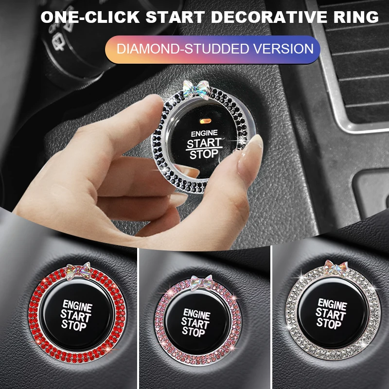 1PCS Rhinestone Bowknot Car Start Button Decoration Circle Diamond One Click Start Button Engine Start Stop Switch Button Cover