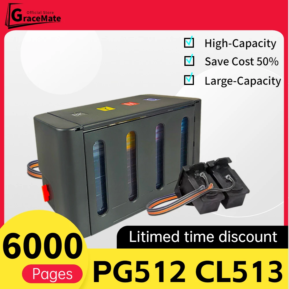 GraceMate Replacement for Canon PG512 CL513 CISS Bulk Ink Cartridges for Pixma MP282 MX320 MX330 MX340 MX350 MX410 MX420 Printer