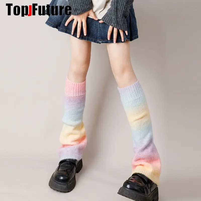 Harajuku Women The rainbow Gradient Colourful Leg Warmers Y2k Girl Gothic Knitted Warmer Streetwear Long Socks Punk Foot Cover