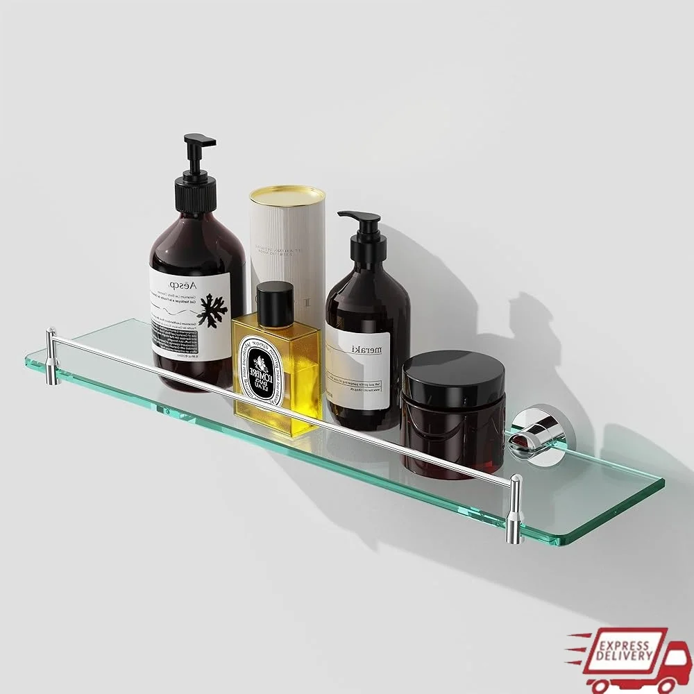 

20-Inch Chrome Floating Glass Shelf Wall Mounted Tempered Glass Storage Rack Bathroom Organizer Rust Proof Durable Stainless