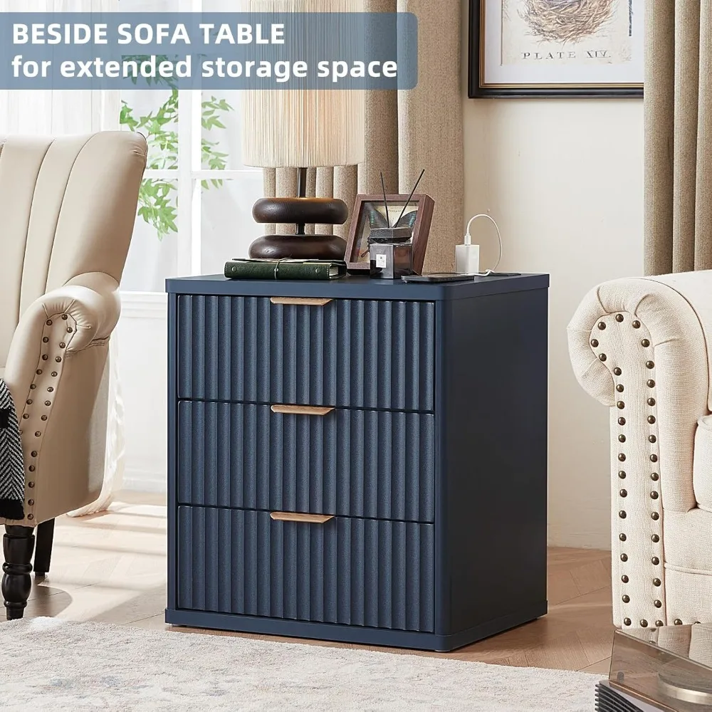 مجموعة منضدة مزرعة واسعة 23 مع قاعدة شحن، 3 أدراج، مقابض معدنية، طاولة نهاية كبيرة، طاولات ليلية زرقاء