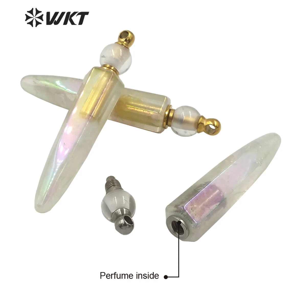 WT-P1620 Wholesale New Design Long Natural Crystal Quartz Angel Aura Perfume Pendant Fashion Colored Stone Bottle