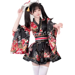 Japanese Kimono Yukata Robes Kawaii Girls Floral Printed Haori Suit Lovely Lolita Dress For Women Maid Cosplay Costume Halloween