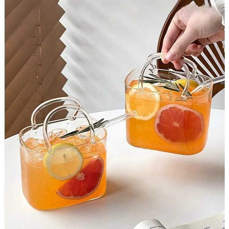 Creative Portable Handbag Glass Cup with Straw Funny Fruit Wine Glasses Ins Style Cocktail Cups Bar Tools for Parties