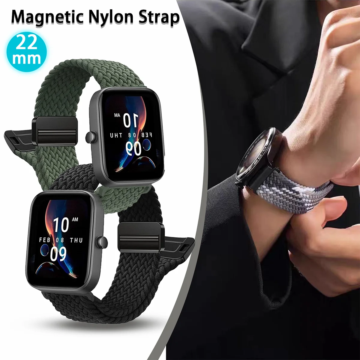 Elastic Nylon Band for Amazfit Bip 6/Bip 5/Active Max/Balance 2,22MM Sports Strap for Amazfit GTR 4/3/Cheetah 2 Ultra Women Men