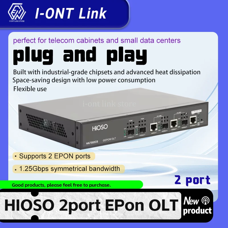 

HIOSO 2Port EPON OLT 2PON AC100-240V With DC Connector 12V POWERWEB SNMP CLI Compatible HUAWEI ZTE FIBER HOME EPON XPON ONUs