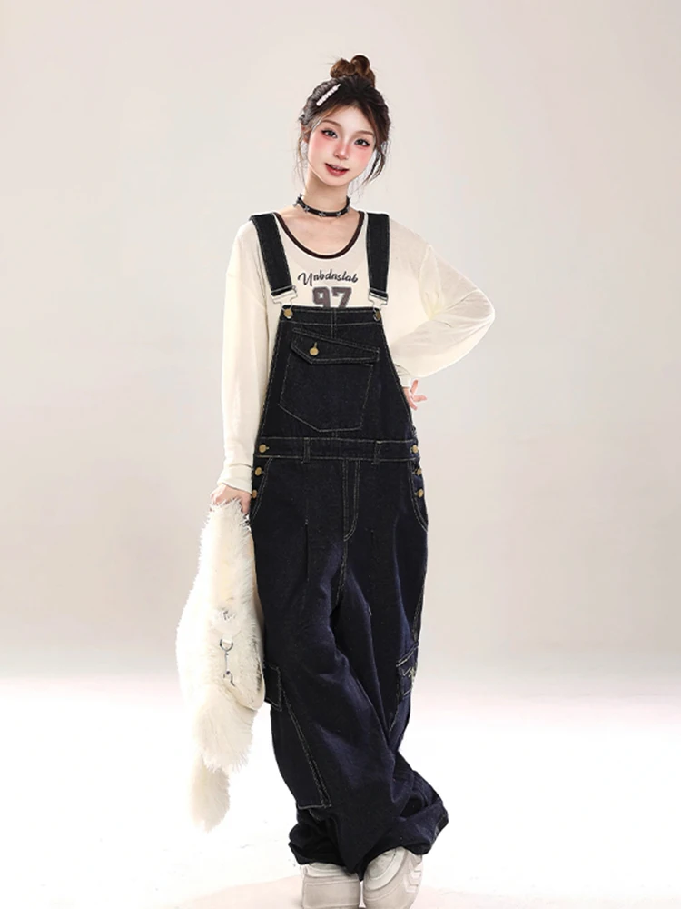 Macacão jeans feminino solto rua sle multi-ket casual calças de perna larga cintura alta coreano sle primavera faion plus size