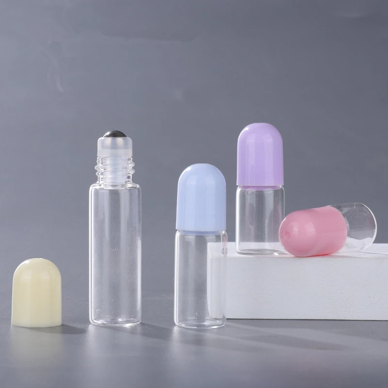 300pcs 1/2/3/5ml Roller Bottles Empty Clear Bottle With Roll On Ball Empty Cosmetic Essential Oil Vial Transparent Glass Tube