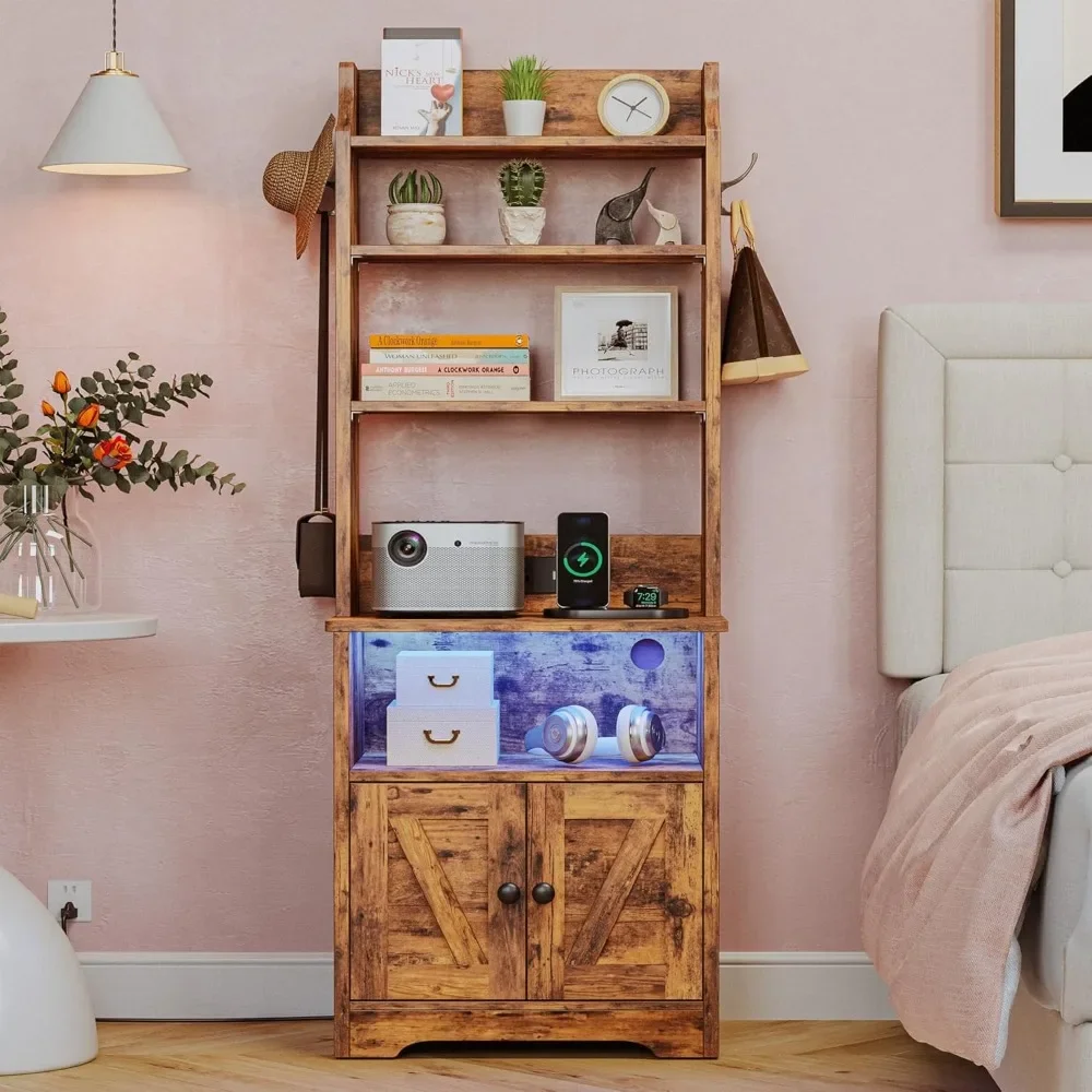 

tall nightstand with LED lights and charging station, bedside table and bookshelf 2 in 1, end side stand with storage cabinet