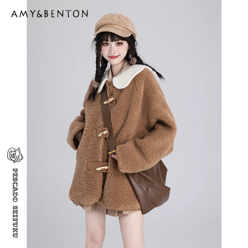 Lolita Coat Sweet Pink Lamb Wool Winter Clothes Women Japanese Kawaii Doll Collar Horn Button Jackets All Match Jk Coat Female