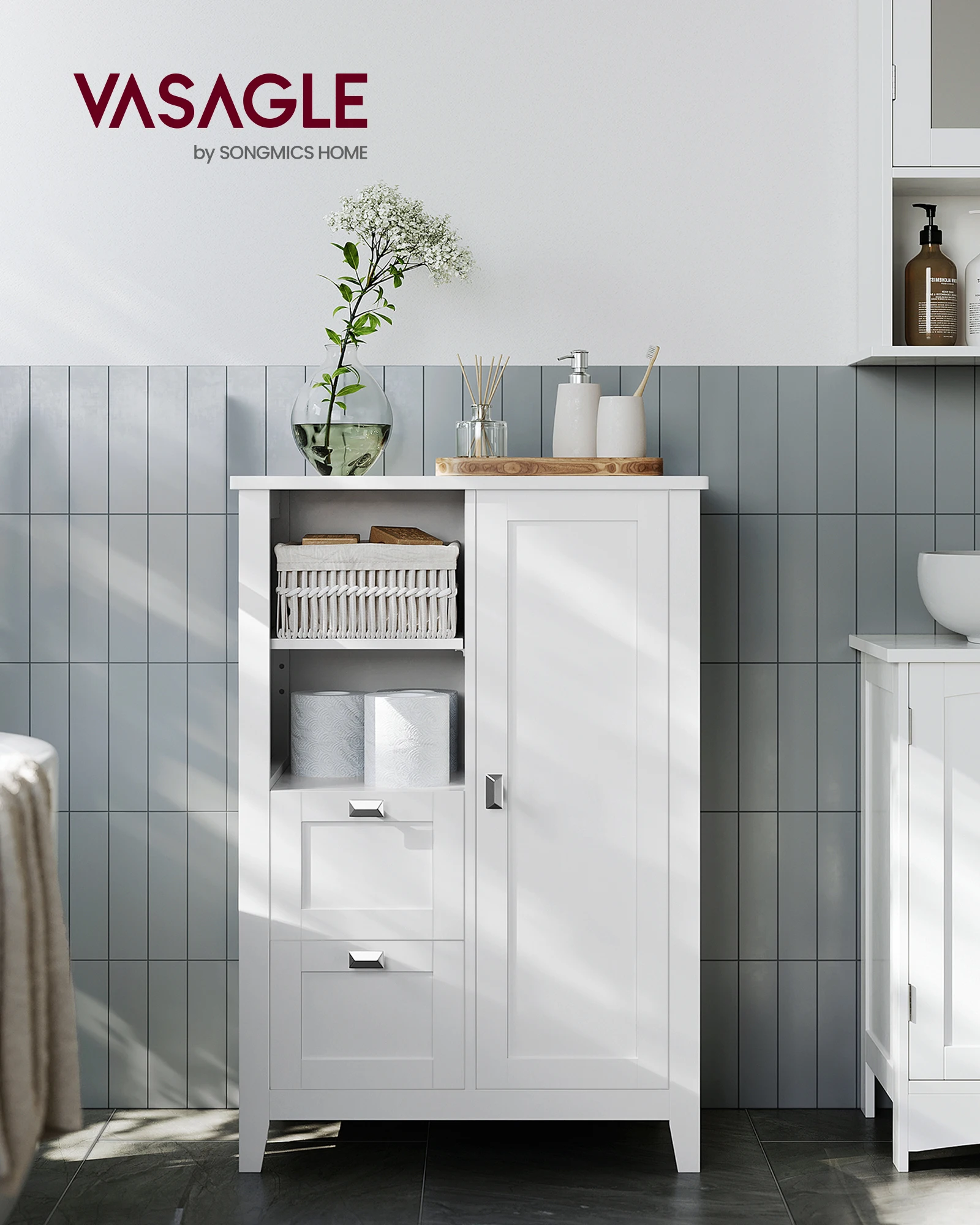 VASAGLE Bathroom Floor Storage Cabinet, Bathroom Cabinet Freestanding, Kitchen Cabinet, with Open Compartment, 2 Drawers