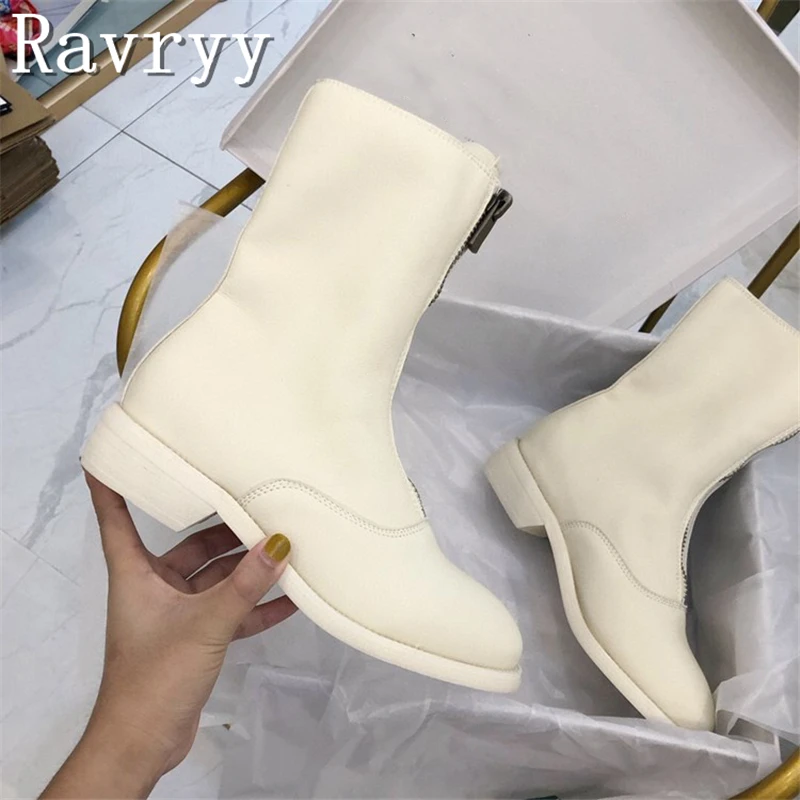 New Front Zippers Boots for Women Round Toe Thick Heels Leather Ankle Boots Solid Color Female Luxury Brand Footwear