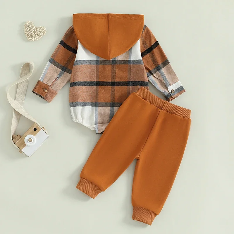 2 Piece Set Baby Boys Plaid Set Chest Pocket Button Long Sleeve Hooded Romper Long Trousers Outfits Boys Autumn Clothing