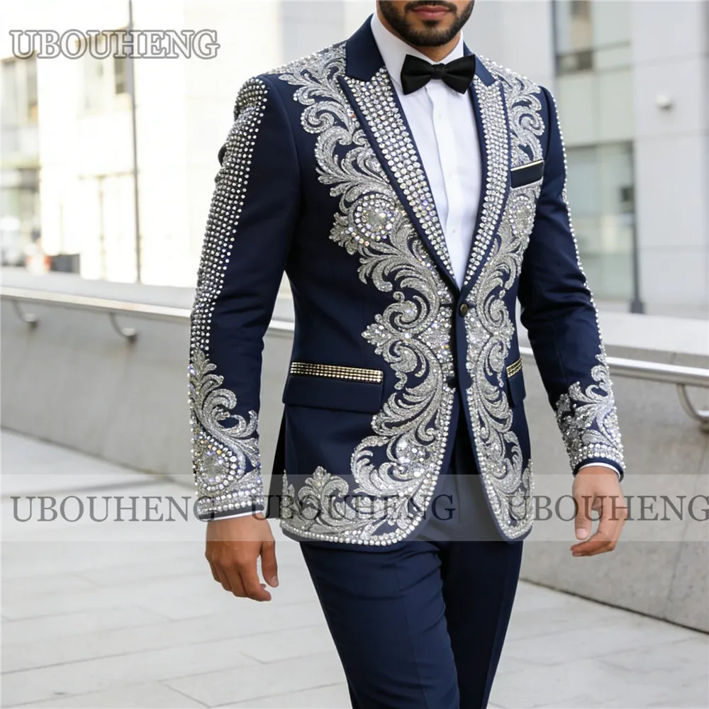 

Блестящий свадебный костюм для жениха с кристаллами и бисером, приталенный пиджак с одним стразом, индивидуальный пошив, мужской банкетный смокинг из 2 предметов