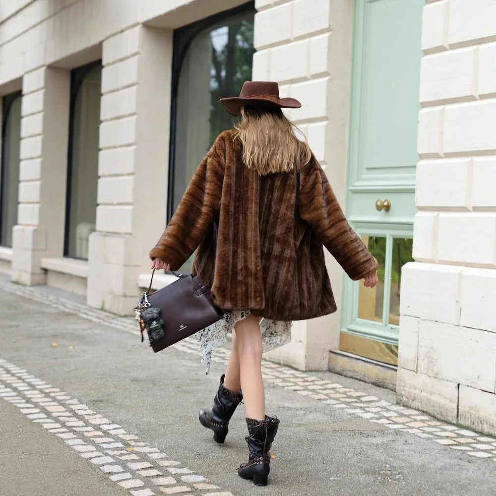 Vintage المرأة الشتاء تقليد الفراء سترة منتصف طول الصلبة الوقوف طوق الإناث معطف فرو المنك Y2K مزاجه Ladt ايكو معطف الفرو
