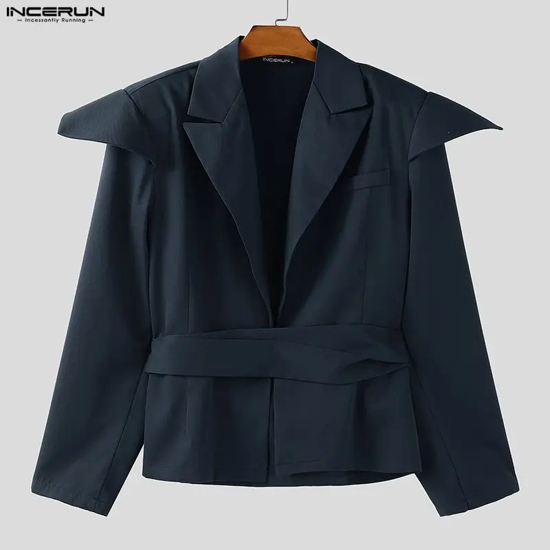 

INCERUN Men Blazer Solid Color Lapel Long Sleeve Loose Casual Male Suit With Belt Streetwear Fashion Leisure Thin Coats Blazer