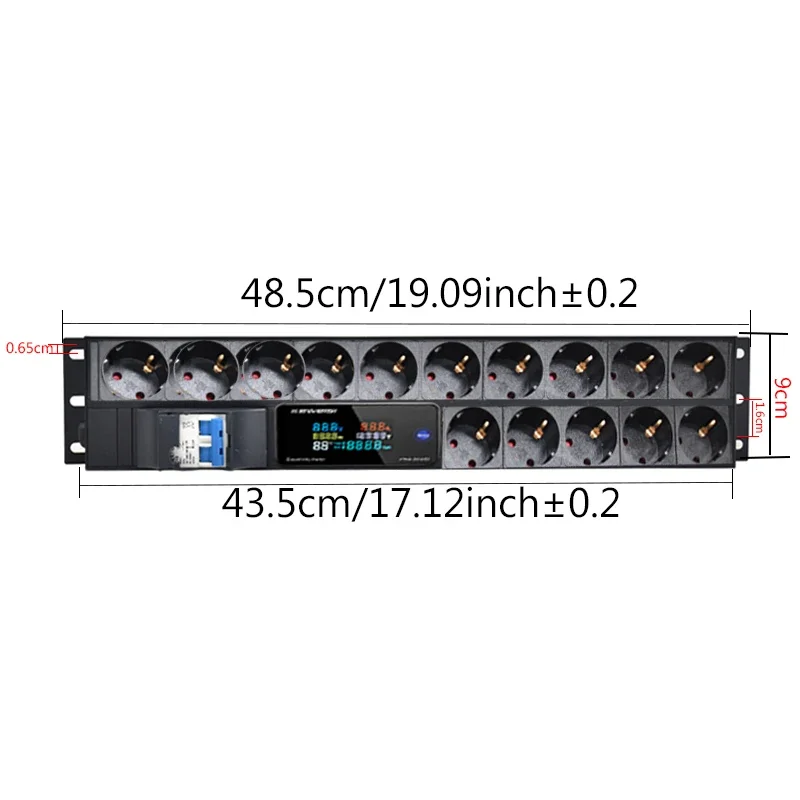 19 인치 캐비닛 마운트 2U PDU 전원 스트립 전류계/전압계/전력 테스터 15 웨이 유럽 소켓 16A 공기 스위치 2M 연장 케이블