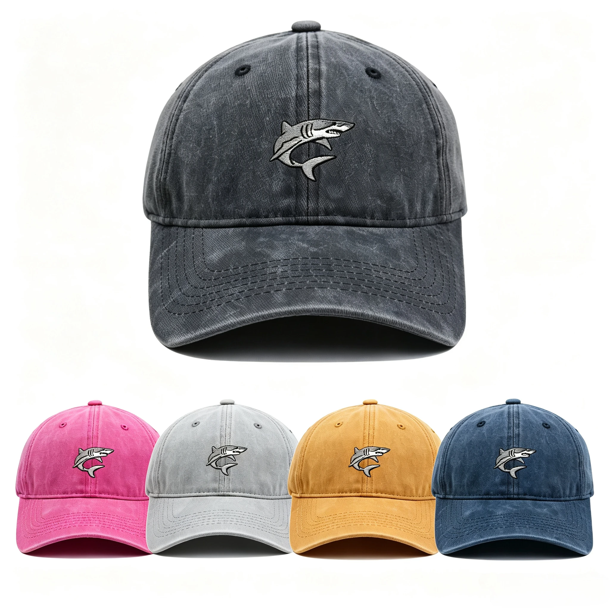Small shark embroidered baseball cap unisex washed and worn soft top outdoor casual versatile sun shading duckbill cap trendy