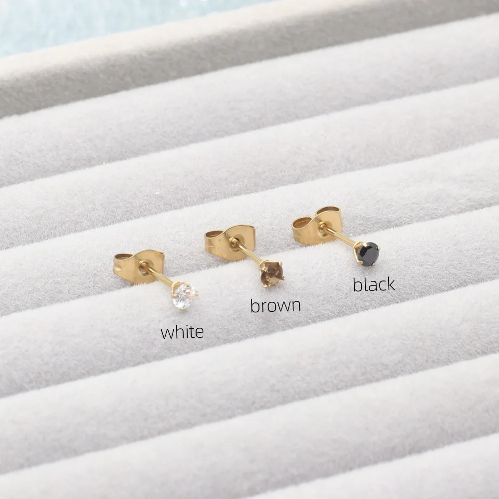 3mm Stainless Steel Stud Earring  AAA White Black Brown Yellow Round Zircons IP Plating No Fade Allergy Free