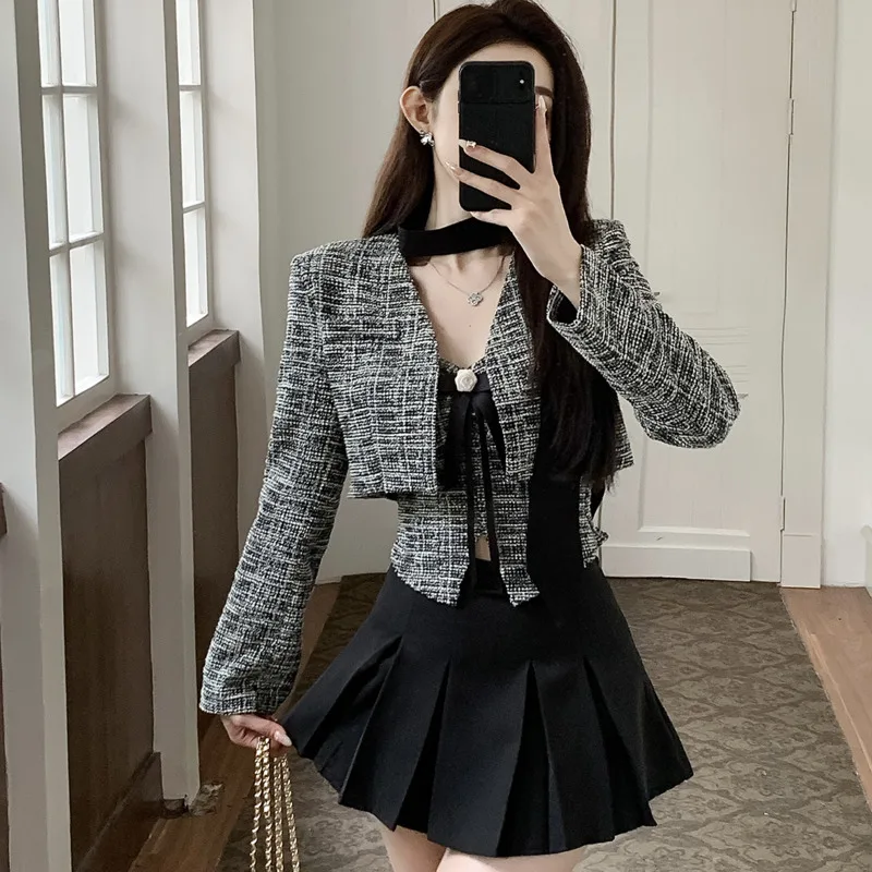 

High Quality Sweet Three Piece Set Women Tweed Jacket Coat + Camisole + Mini Skirt Sets Fashion 3 Piece Suits Conjuntos Feminino