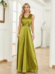 Lucyinlove-vestido de noche de lujo para V-BACK, traje Sexy de celebridades con cintas laterales fruncidas, largo de satén verde, para fiesta y cóctel, 2024