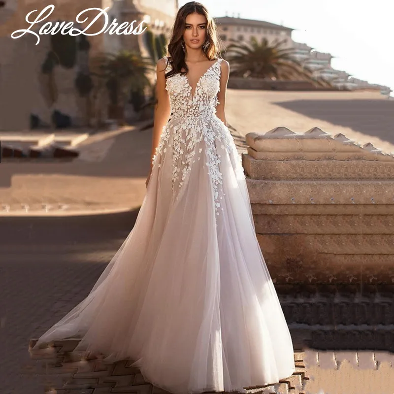 LoveDress-V-Neck فستان الزفاف مع دانتيل زينة, a-الخط, بلا أكمام, بوهو تول, فستان الزفاف, سحاب بدون ظهر, جديد في