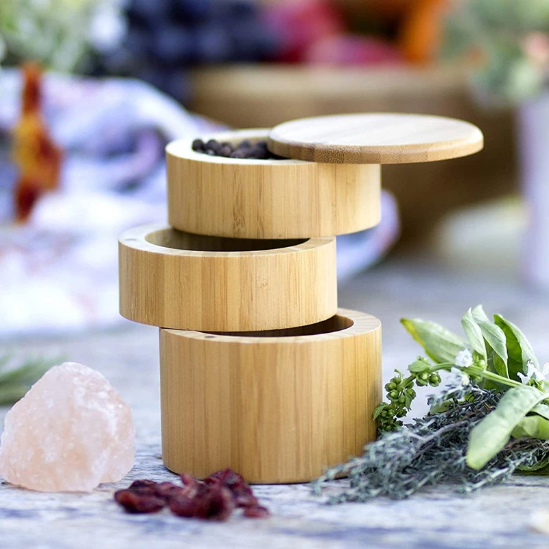 A74E-Bamboo Triple Salt Box,Wood Box,3-Tier Round Bamboo Box For Salt Or Spice With Magnetic Swivel Lid Spice Storage Box