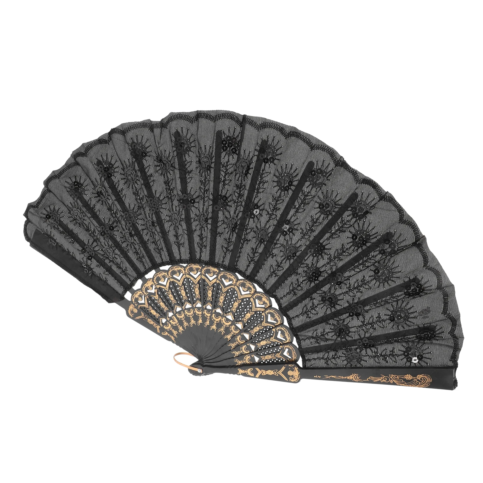 

Black Pole Sequin Chinese Style Folding Dancing Pvc Women Cute African Black Rave Fan Wedding Hand Bulk Lace Handheld Folding
