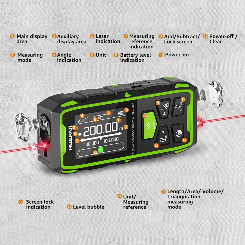 

Huepar Dual Laser Rangefinder 120M Green Beam Laser Measure Meter Multiple Unit High Accuracy Measurement Tool With LCD Backlit