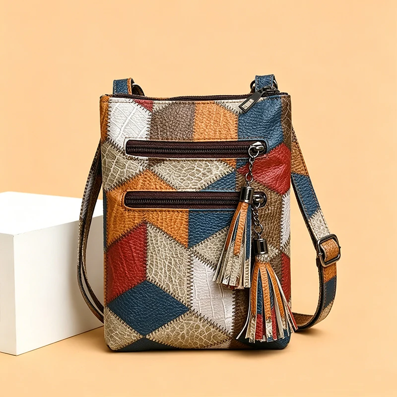 Color Block Vintage Rider Mini Crossbody Pouch Faux Leather Patchwork, Compact Sling Bag for Motorbike Outdoor Leisure Walks