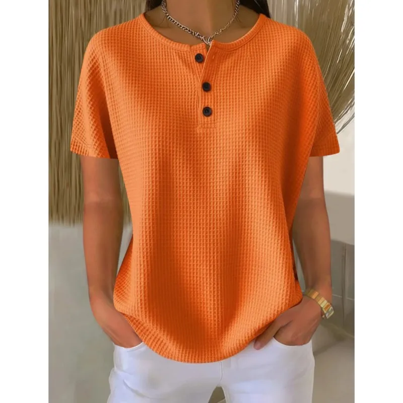 Casual Waffle Women Fashion T-shirt Top 2026 Summer New Loose Solid Color Button Tee Tops Female All-matching Women Shirts