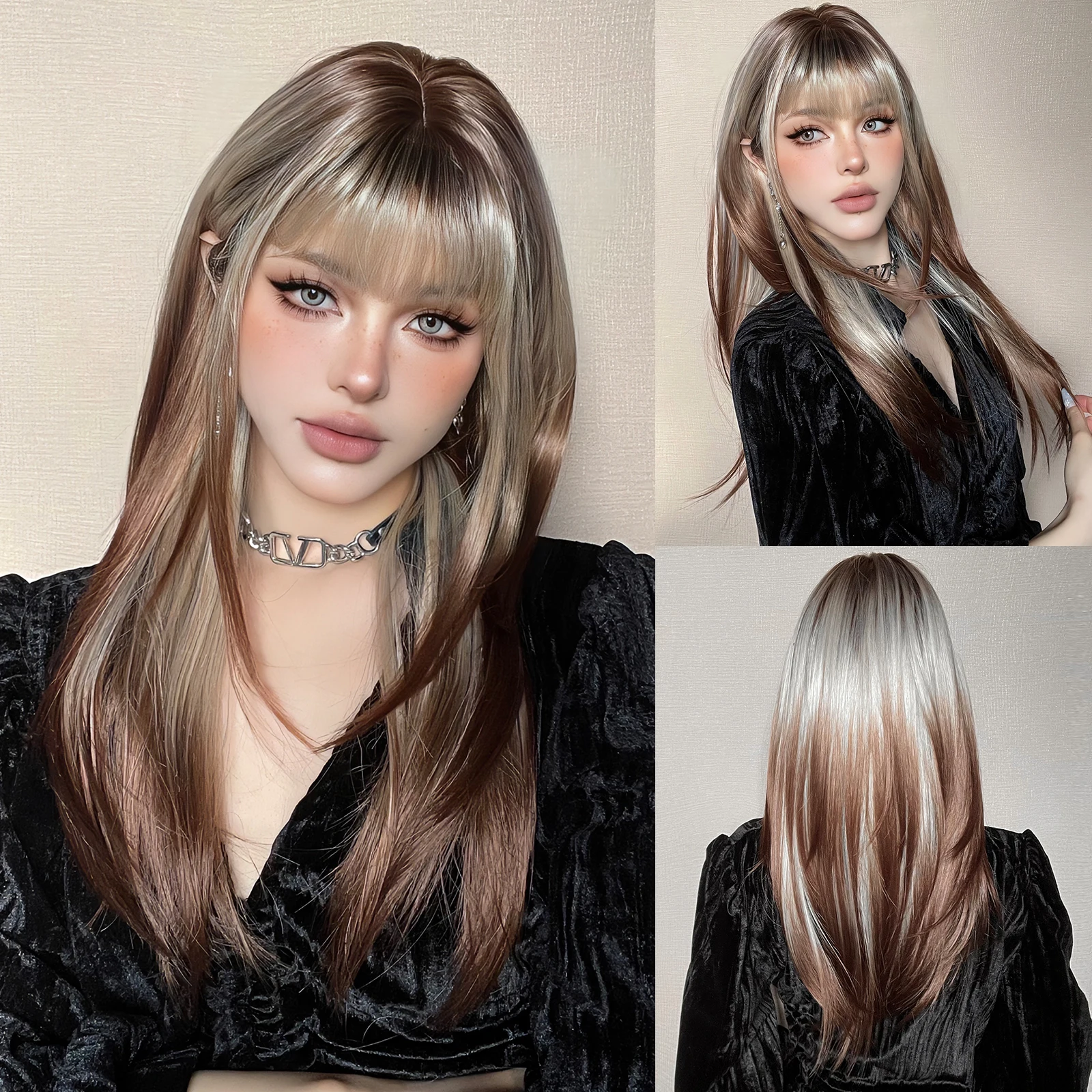 EASIHAIR Long Straight Layered Wigs with Bangs Ombre Blonde Brown Silky Synthetic Hair for Women Daily Party Wigs Heat Resistant