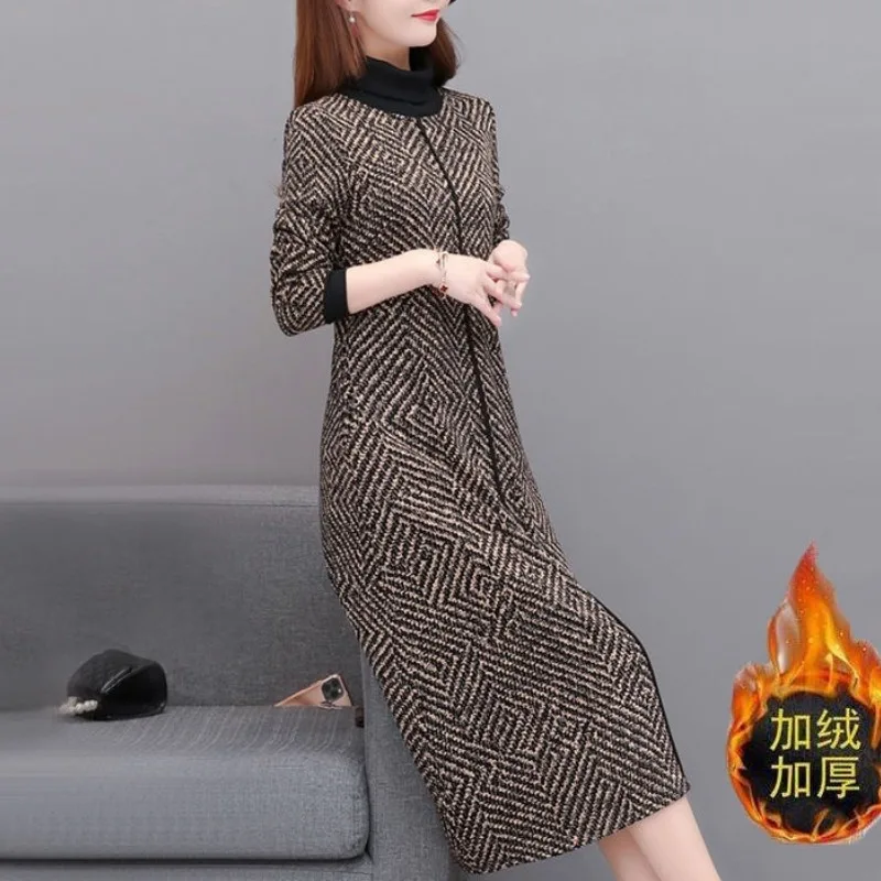 Autumn and Winter Women\'s Half High Neck Midi Long Sleeve Panel Slim Plus Size Printing Geometry Fashion Casual Formal Dress