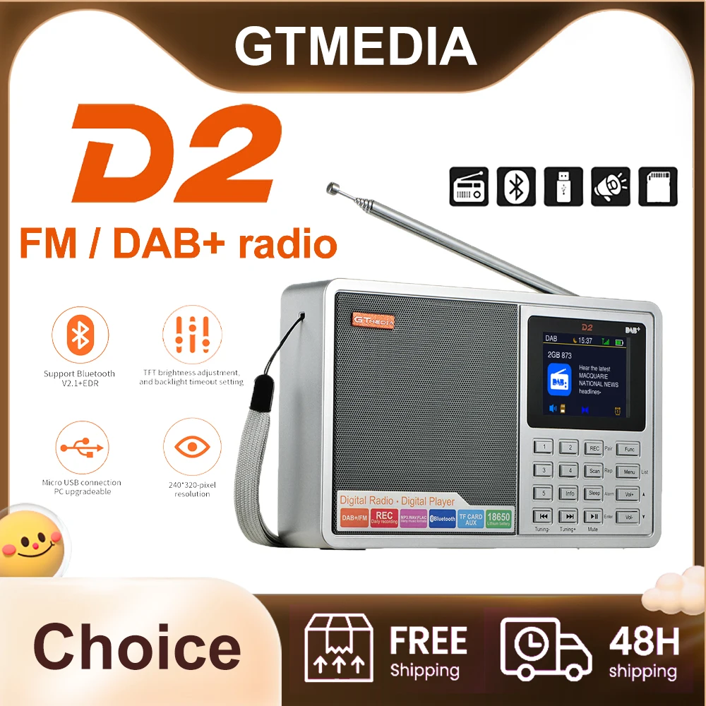 GTMEDIA D2 FM/DAB+RDS Full Band Portable Radio with Multifunction stereo earphone listening Rechargeable Radio TFT color display