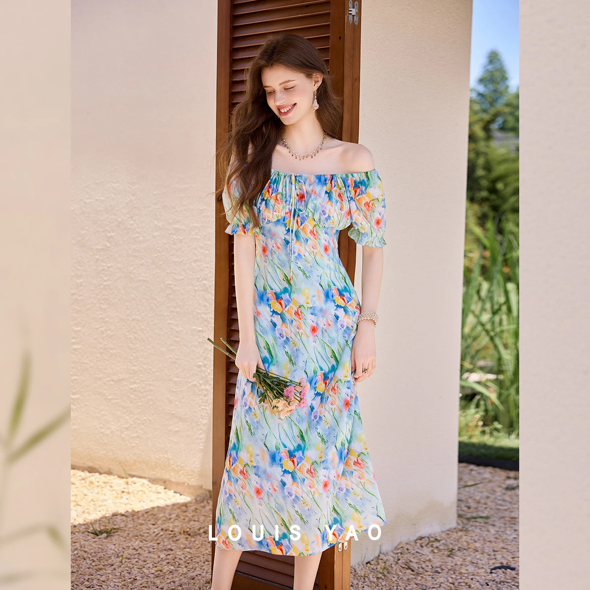 LOUIS YAO Oil Painting Effect Printed  Women’s Dress 2026 Summer French Square Neck Puff Sleeve Waist-Cinched Mermaid Maxi Dress