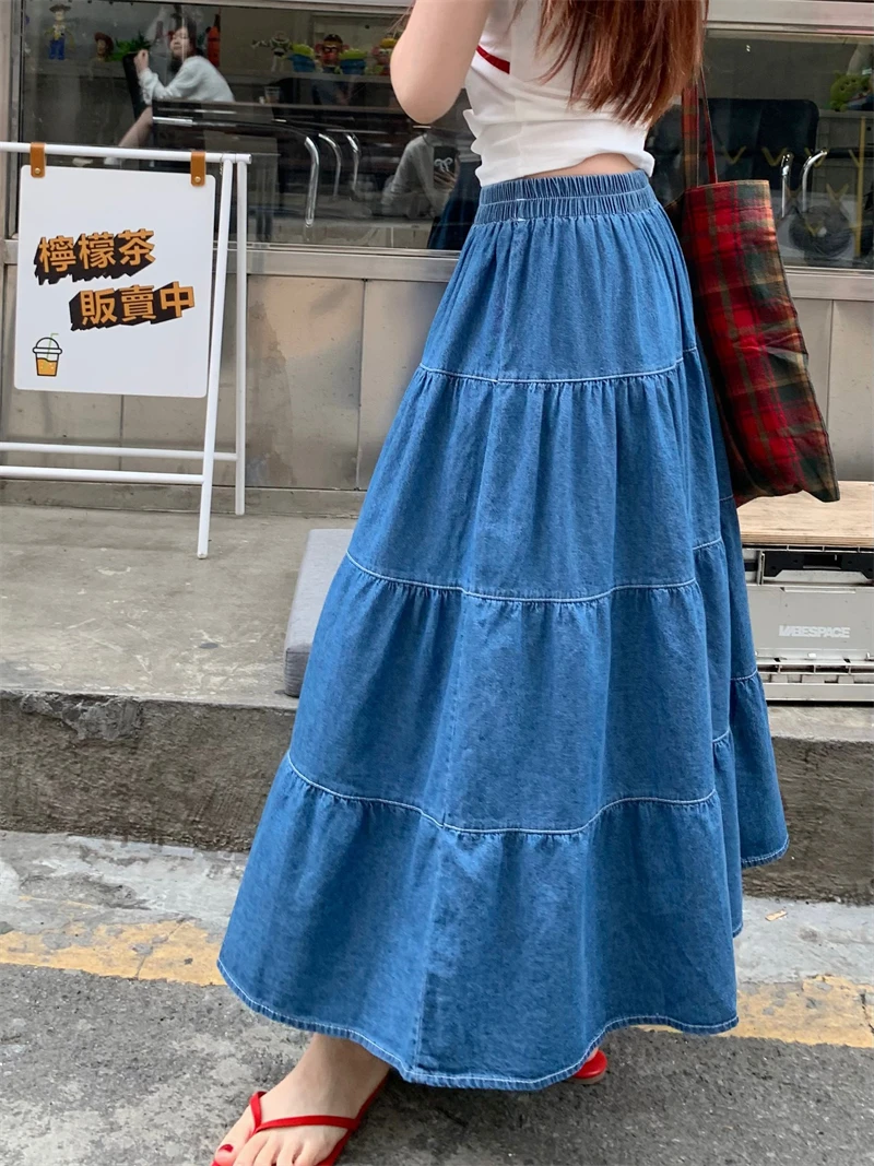 Benuynffy Vintage Ruffle Hem Denim gonna donna primavera estate 2024 coreano Casual elastico in vita a-line femminile Swing gonne lunghe