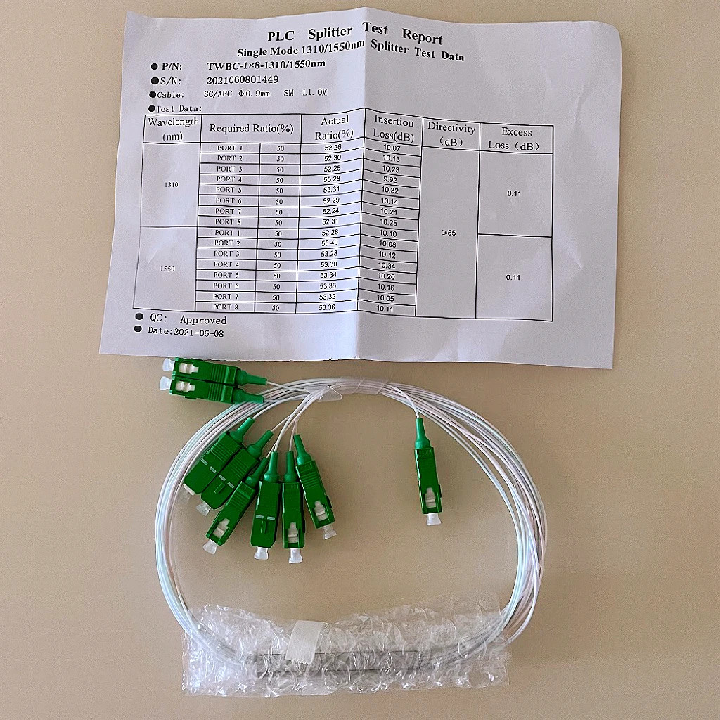 

SC APC 1X8 PLC Splitter 0.9mm Steel Tube 1m Fiber Optic Splitter FTTH Connector 1*8