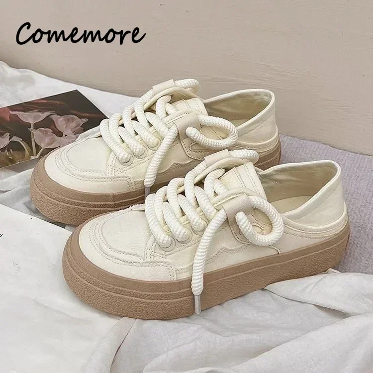 Lace-up Vulcanized Shoes Autumn Women's White Canvas Sneaker Students Round Toe Flat Casual Outdoor Running Zapatillas