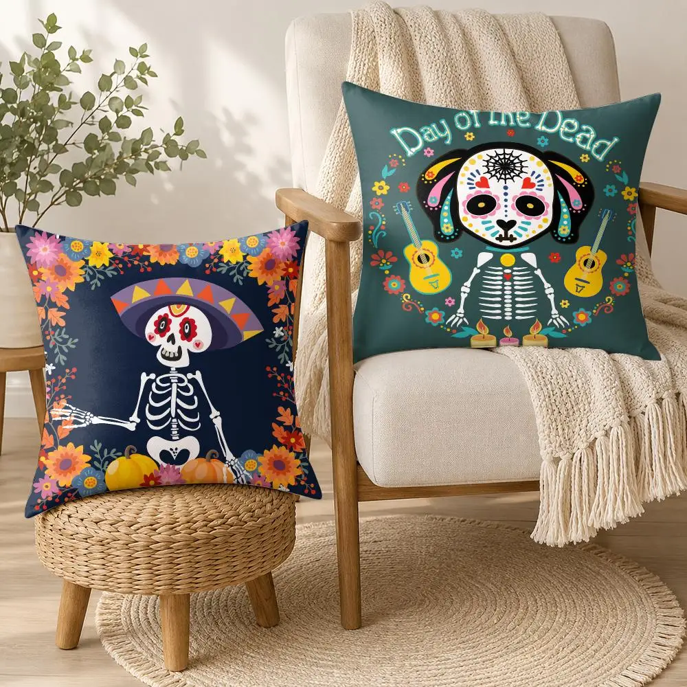 Mexico Easter Flower Skeleton Cushion Cover Square Decorative Throw Pillow 40x40cm For Sofa Bedroom Living Room Home Decor