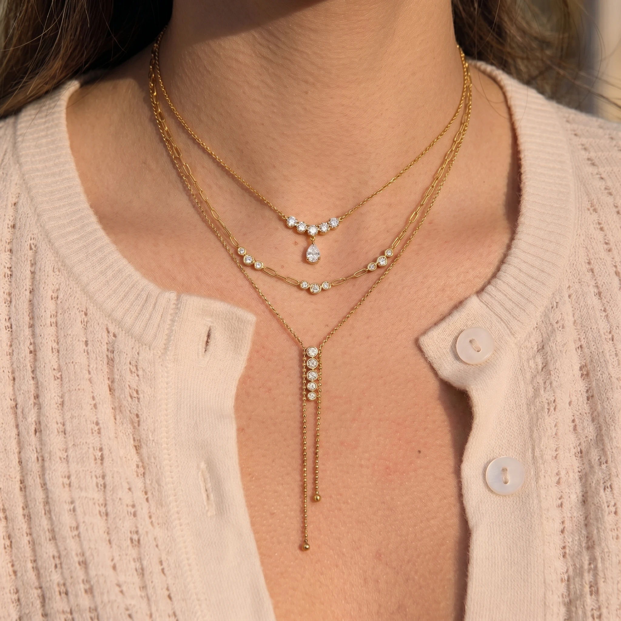 Stainless Steel Waterdrop Zircon round Pin Chain Necklace for Women Minimalist Long Tassel Layering Wedding Party Gift