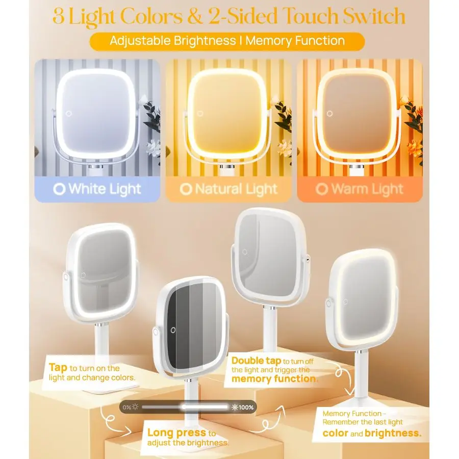 Rechthoekige verlichte make-upspiegel met verlichting en 1X 7X vergrotende spiegel, in hoogte verstelbaar en 4000mAh oplaadbaar voor slaapkamer,