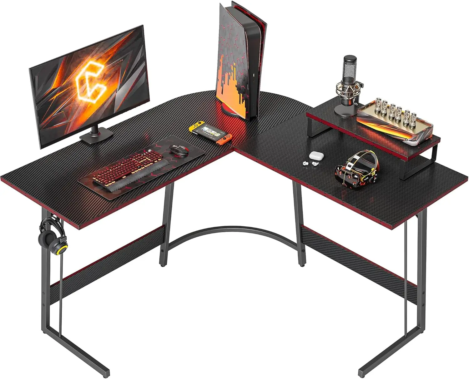 

L-shaped gaming desk, computer office desk, carbon fiber surface, 47 inch corner desk, with large monitor stand