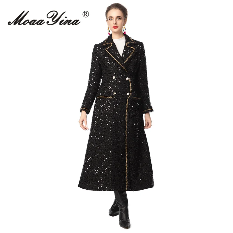 

MoaaYina 2025 autumn and winter women's fashionable lapel long sleeved double breasted sequin temperament waist cinching coat