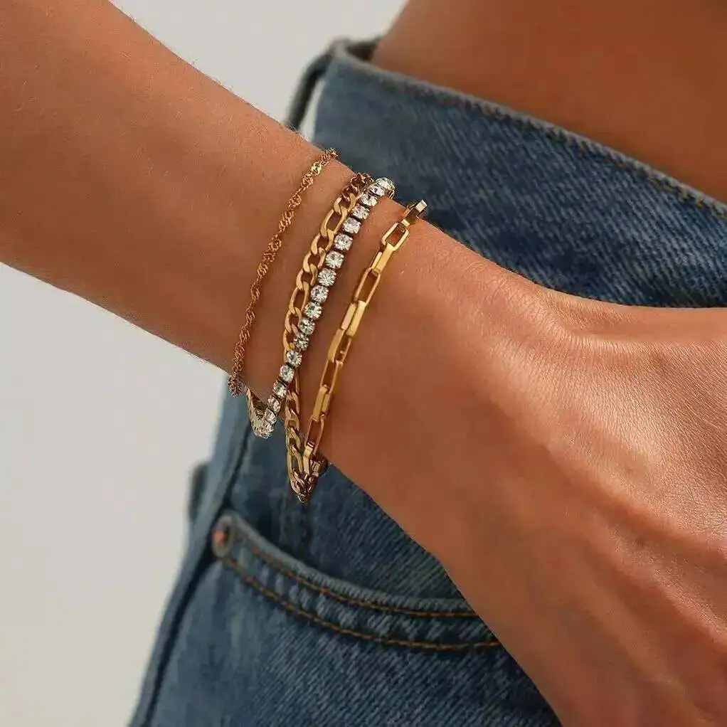 Salircon 4Pcs/Set Trend Luxury Rhinestone Stainless Steel Bracelet Retro Multi Layer Stackable Cuban Chain Waterproof Jewelry