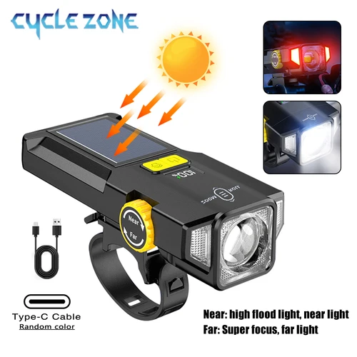Luz delantera Solar para bicicleta, luz frontal con carga USB, pantalla de potencia, luz de advertencia roja, linterna de cerca de lejos para conducción nocturna