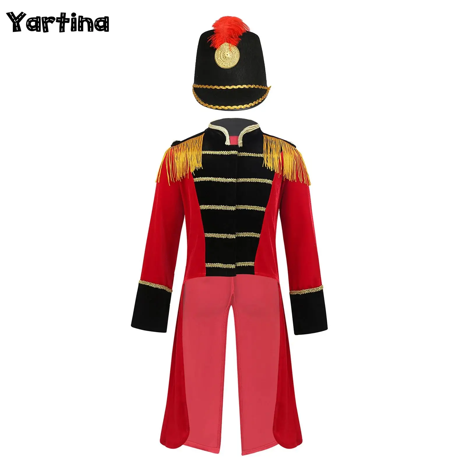 Kids Circus Drummer Band Honor Guard Costume Fringe Epaulet Tailcoat Jacket with Drummer Hat Cosplay Performance Costume