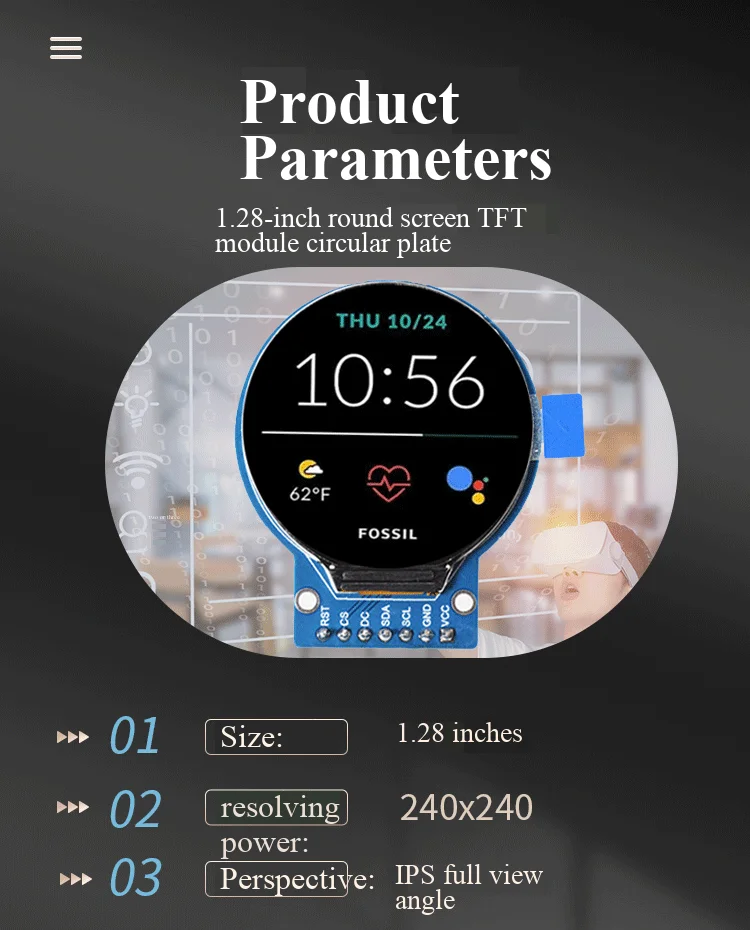 1,28/1,54-Zoll rundes TFT-Modul mit 240x240 hochauflösendem IPS-Vollbild-LCD-Display in Vollfarben-RGB – Detail 3