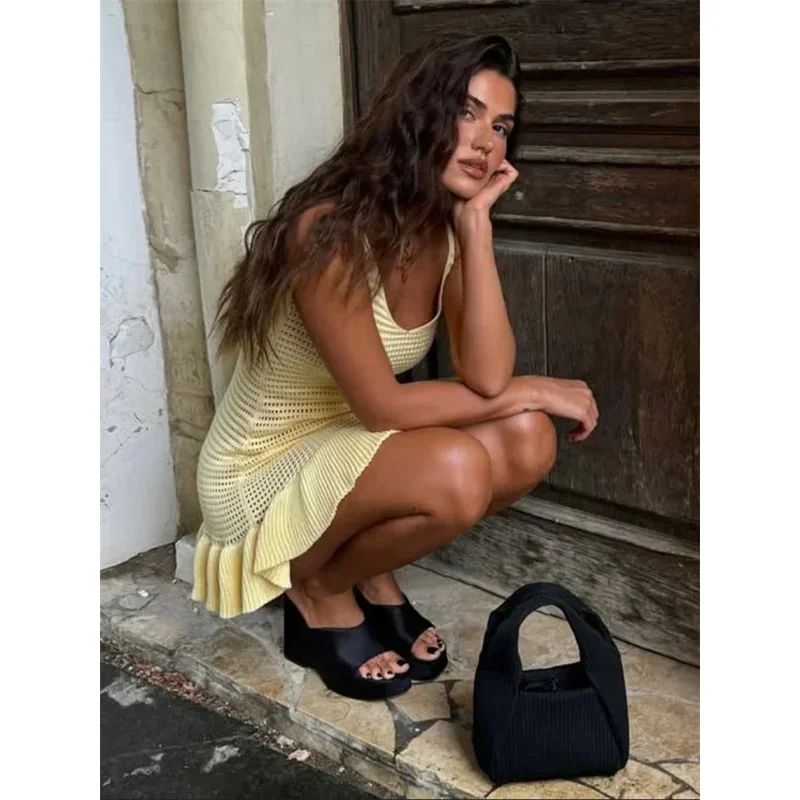 JINIA Maglia increspato scava fuori mini abito femminile con scollo a V trasparente vacanza spiaggia abbigliamento casual abito estivo in maglia da donna