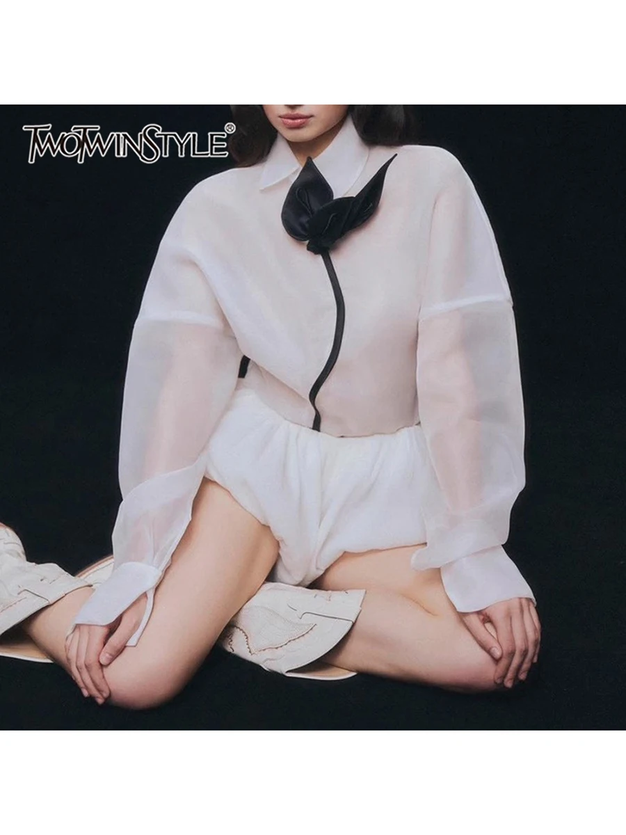 

TWOTWINSTYLE хит цвета, прозрачные сращенные аппликации, элегантные блузки для женщин, минималистичная блузка с длинными рукавами и лацканами, женская одежда, новинка